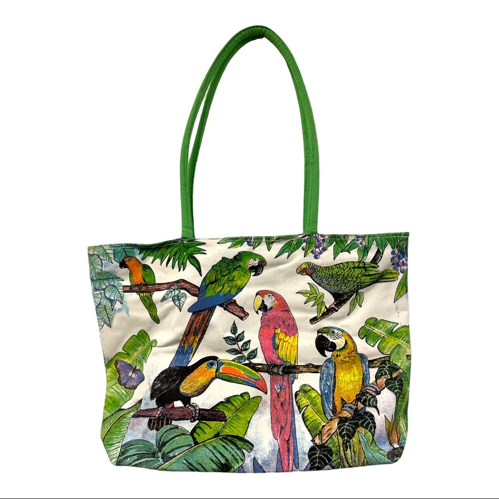 Vintage All Around Parrot Design Green & White Cloth Beach Bag Satchel Purse - Picture 5 of 5